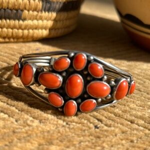 Gorgeous vintage Nila Cook Joshson silver-and-coral cuff.